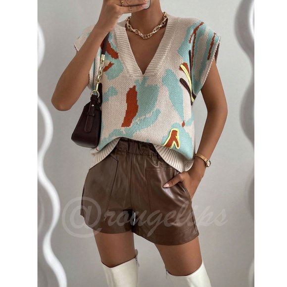 Knit Sleeveless Vest V-Neck Graphic Abstract Pattern Beige Oversized Loose Fit - Picture 2 of 11